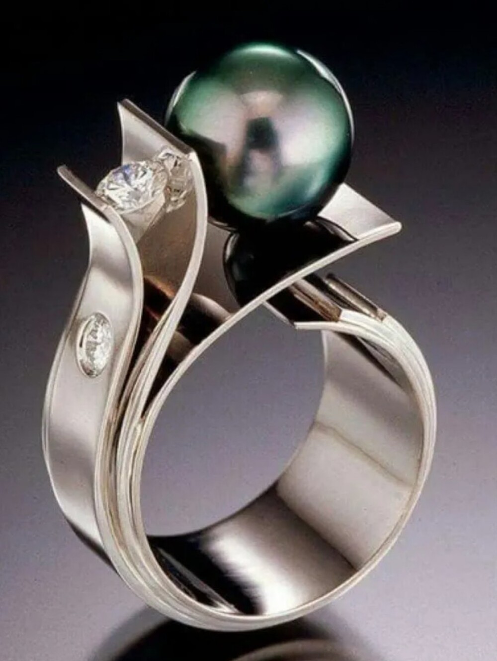 Tahitian Pearl and Diamond Modern Sterling Silver Ring